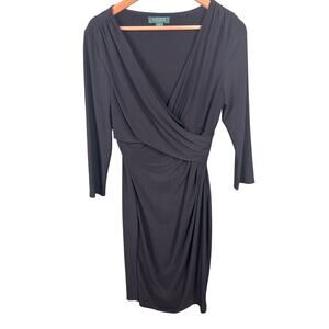Lauren Ralph Lauren Dress Women's Size 12 Black V-Neck 3/4 Sleeve Elegant Wrap